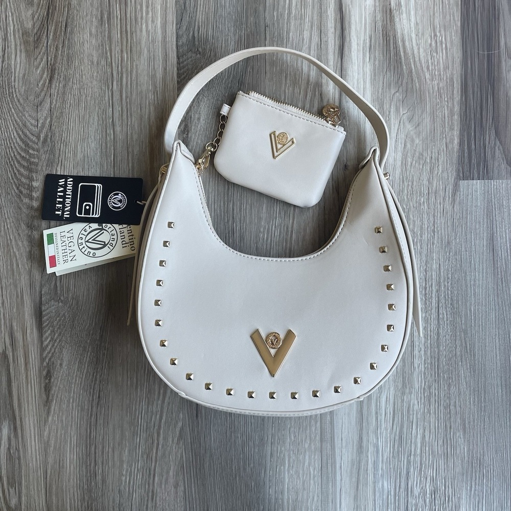 Valentino Orlandi Cream Vegan Leather Studded Crescent Hobo Bag with Wallet NEW
